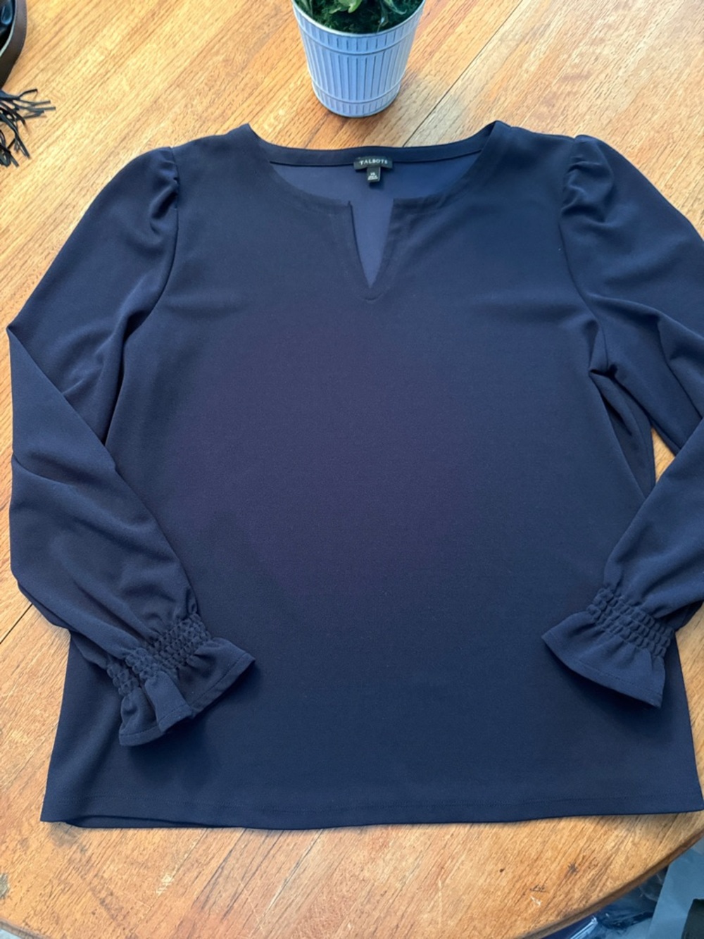 Talbots Navy Long-Sleeve Notch-Neck Top with Smocked Cuffs